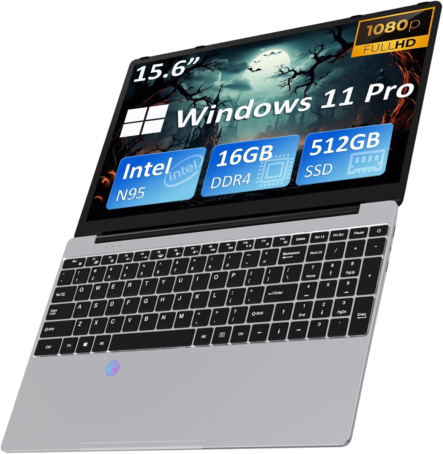 Auusda Laptop Computer with 16GB DDR4 512GB SSD, Intel Celeron N5095 Up to 2.9 GHz, 15.6 FHD IPS LCD, BK, Fingerprint Unlock, Cooling Fan, Webcam, Dual Speakers, Mini HDMI, USB-A x 2, Windows 11 Pro