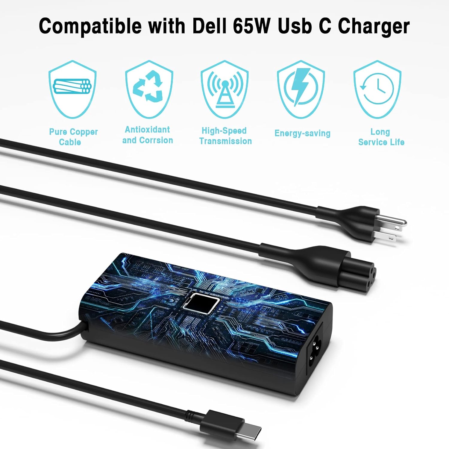 65W 45W USB C Charger Replacement for Dell Latitude 5520 5420 5320 7420 7410 7430 7320 5430 5290 Chromebook 3100 5190 2in1 XPS 13 9350 9380 9360 DA65NM190 LA65NM190 Type C AC Adapter Power Cord