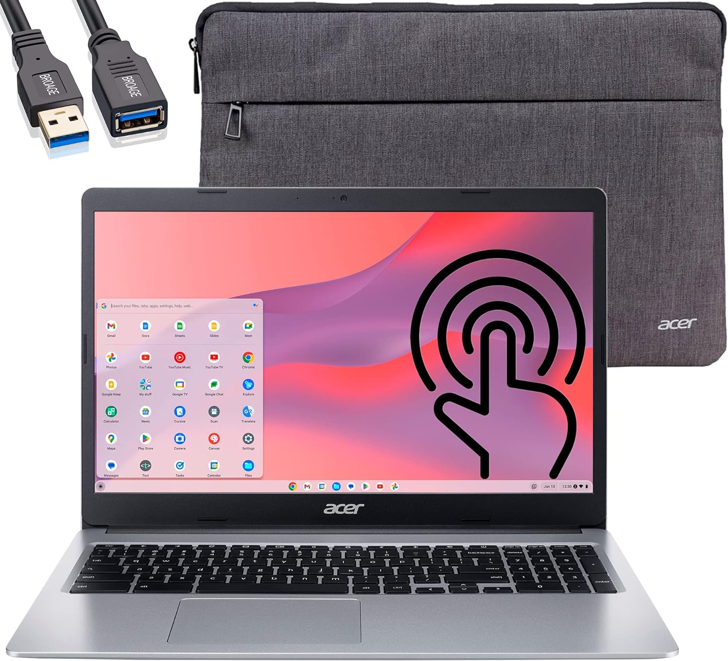 Acer Chromebook 315 15.6 FHD Touchscreen Laptop Computer, Intel Celeron N4020 up to 2.8GHz, 4GB LPDDR4 RAM, 64GB eMMC, 802.11AC WiFi, Bluetooth5.0, Protective Sleeve, Chrome OS, BROAG Cable