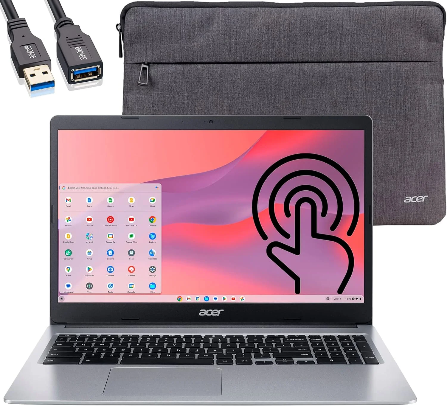 Acer Chromebook 315 15.6 FHD Touchscreen Laptop Computer, Intel Celeron N4020 up to 2.8GHz, 4GB LPDDR4 RAM, 64GB eMMC, 802.11AC WiFi, Bluetooth5.0, Protective Sleeve, Chrome OS, BROAG Cable